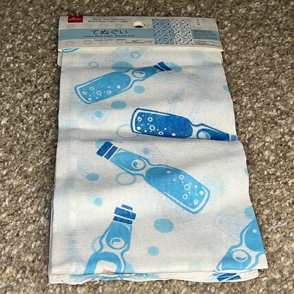 Tenugui Cotton Hand Towel Ramune Soda Pop Pattern White Blue Traditional Japan
